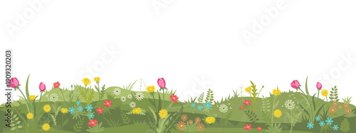 Spring or summer border with green grass and flowers on transparent background - greeting card decor element for Easter greeting or summer poster. Vector illustration