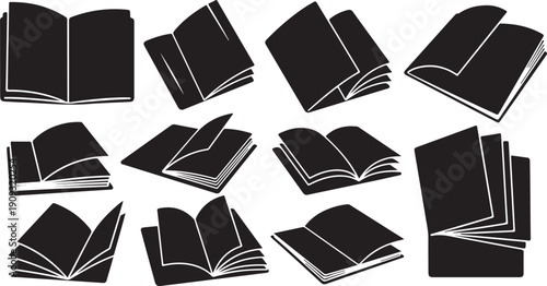 Collection of black books in various open and closed positions