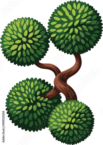 Stylized green tree with twisted brown trunk and four round bushy tops leaves