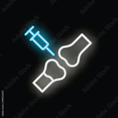 Neon icon of a syringe injecting a blue liquid into a human joint