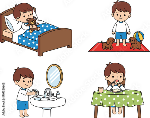Boy daily routine activities illustration set – sleeping, playing, washing hands, eating meals