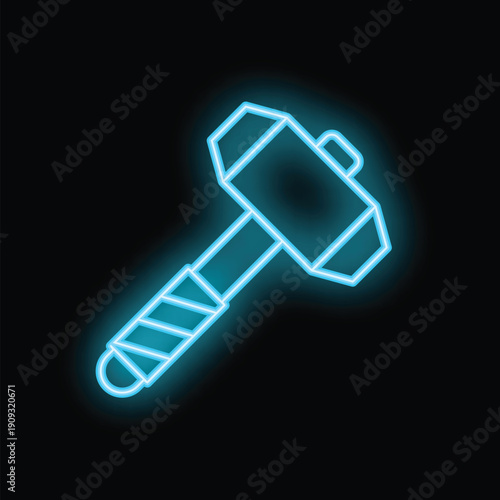 Neon blue hammer striking while the iron is hot on black background