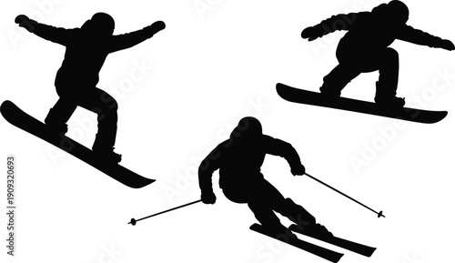 Three black silhouettes of snowboarders and skiers performing tricks on white background