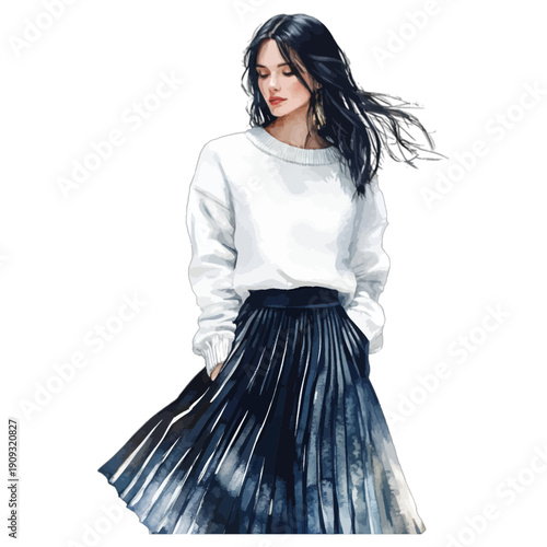 Watercolor fashion illustration of woman in white sweater and pleated skirt