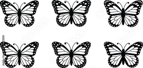 Butterfly silhouette icon set, black insect illustrations, decorative nature symbols, minimal vector design, isolated on white background