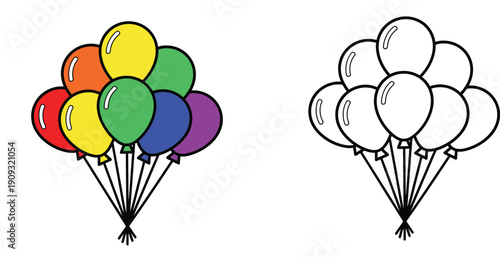 Colorful and Black and White Outline Balloon Bunch Vector Illustration for Kids Coloring Book and Party Celebration Design Assets Isolated on White Background