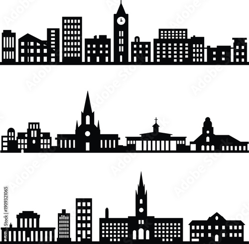 City skyline silhouette set with historic buildings churches clock towers and urban architecture panoramas isolated on white