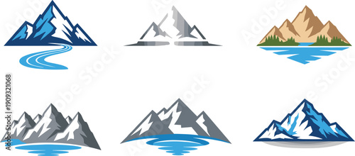 Six stylized mountain range with water in various color palettes mountains nature