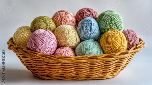Colorful yarn balls in wicker basket