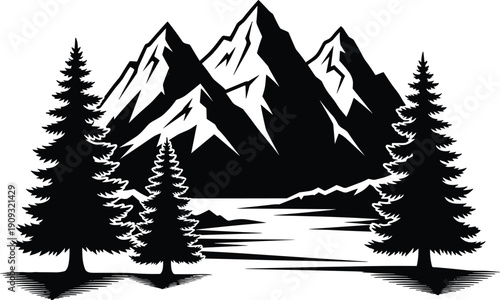 Black silhouette of jagged mountain peaks behind a calm body of water with pine trees in the foreground