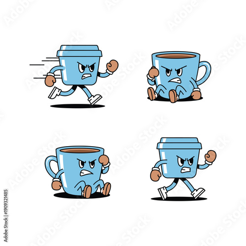 Angry coffee cup character exercising with boxing gloves on a white background