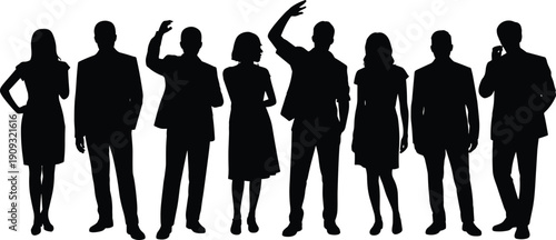 Black silhouette vector illustration of diverse professionals standing together in formal business attire representing teamwork, corporate unity, and organizational identity