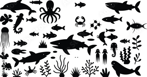 Black silhouette vector illustration of diverse sea creatures including dolphins, sharks, fish, octopus, jellyfish, crabs, seahorses, whales, and coral plants