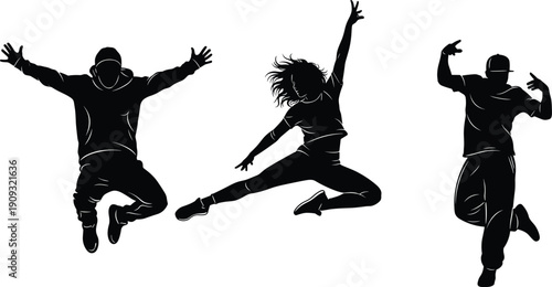 Dancing people silhouettes showing hip hop street dance jump poses energetic youth performers isolated on white background motion illustration