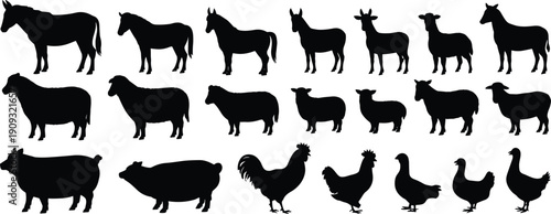Black silhouette vector illustration of farm animals including donkeys, goats, sheep, pigs, chickens, ducks, and roosters in rural landscape design