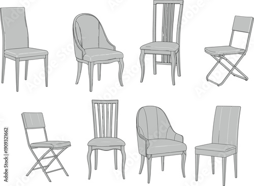 Collection of various chair sketches and furniture icons featuring dining chairs folding seats and armchairs for interior design and architecture.Collection of various chair sketches and 
