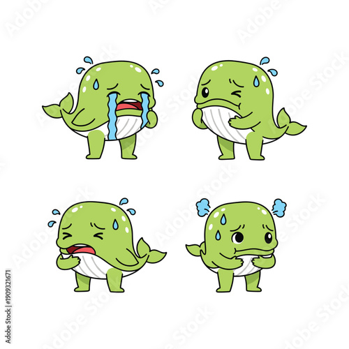 Cartoon whale character showing various emotional expressions with tears and sweat