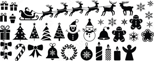 Christmas holiday icons collection featuring Santa sleigh reindeer gifts snowflakes decorations isolated on white background festive winter vector illustration set
