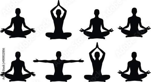 Black silhouette vector illustration of seated yoga meditation poses with varied arm positions for mindfulness, wellness, exercise, and spiritual practice