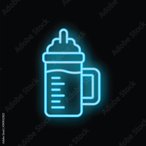 Neon baby bottle glowing on a black background, great for projects about baby food, feeding or childhood