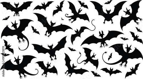 Black silhouettes of flying bats and mythical dragons in motion, fantasy creatures illustration for Halloween, gothic design, spooky night atmosphere