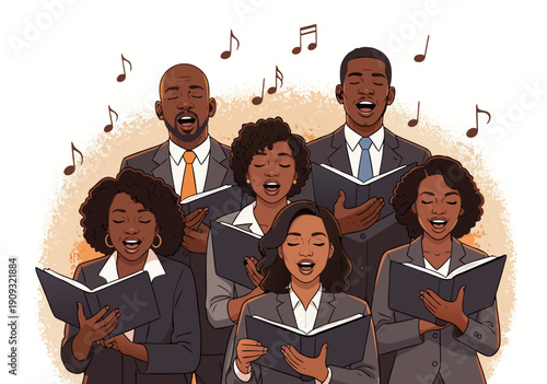 Vector illustration Diverse professional choir singing harmoniously. Adults in business attire perform from songbooks, symbolizing unity and vocal talent