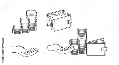 Empty Wallet and Stacks of Coins: Financial Struggle, Savings, and Debt Concept