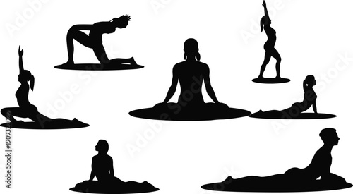 Black yoga silhouette figures in diverse meditative, stretching, and balancing poses representing mindfulness, flexibility, wellness, and holistic lifestyle practice