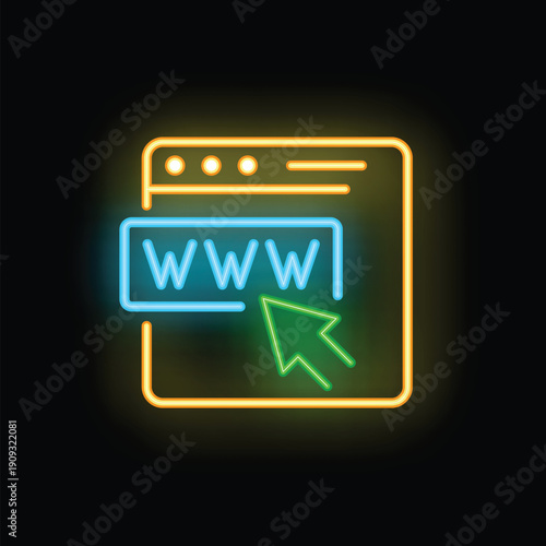 Neon sign of a web browser window with a cursor clicking the www link