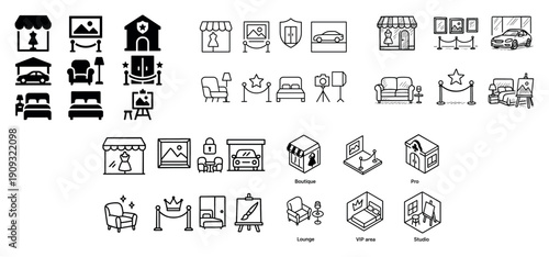 Icon set of hotels and galleries