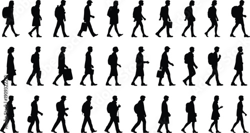Collection of diverse walking people silhouettes in various postures with accessories, backpacks, handbags, briefcases, perfect for design projects
