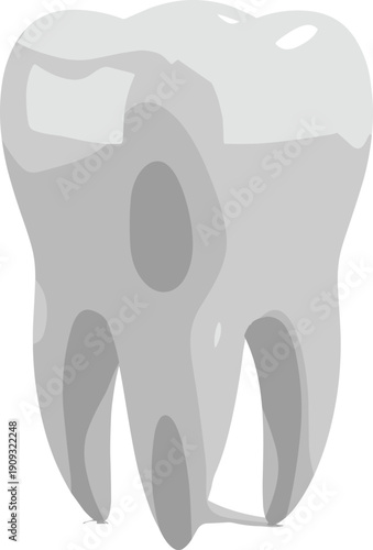 Stylized gray molar tooth with visible roots and internal cavities dental dentistry