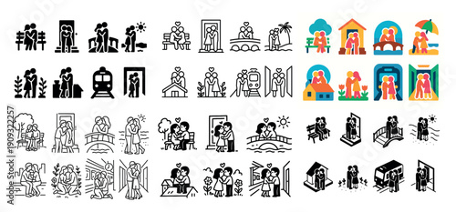 Diverse couples in various activities