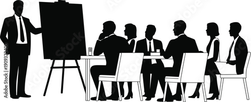 Silhouette business meeting presentation with team collaboration around table and presenter explaining strategy on board corporate training vector illustration