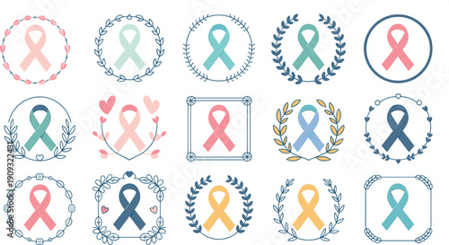 Colorful awareness ribbons with decorative floral frames symbolizing health causes, social issues, and charity support vector illustration design