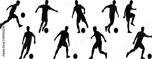 Soccer player silhouettes vector set showing football actions with ball, black athletic figures isolated on white background for sports design and advertising