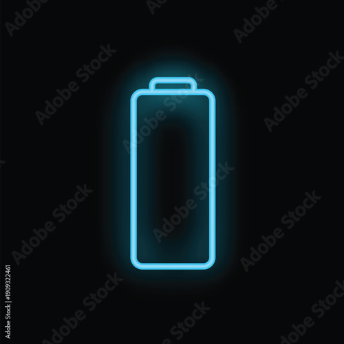 Blue neon sign shaped like a battery glowing on a black background