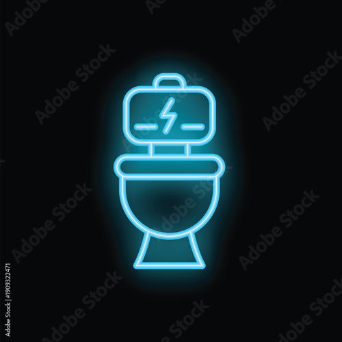 Blue neon icon of a toilet bowl with an electric generator on top, representing the concept of renewable energy