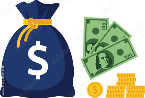 Money bag and cash illustration representing wealth, savings, income, profit, financial success, investment capital, and business finance concept for banking and economy design