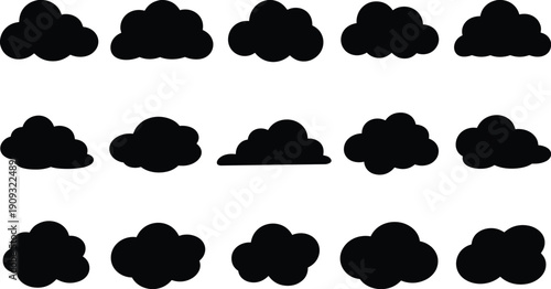 Cloud silhouette icon set collection black weather symbols isolated on white background flat design meteorology graphic illustration