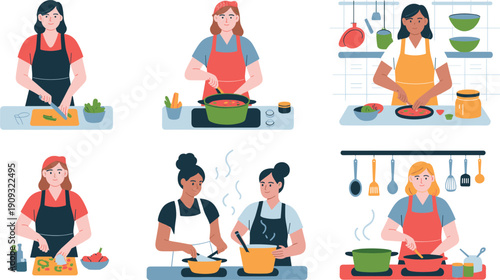 Colorful kitchen illustration showing diverse people cooking, chopping vegetables, stirring pots, preparing meals, teamwork, culinary activity, and food preparation