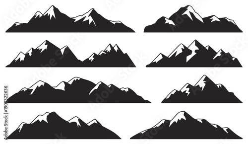 Mountain range silhouette set illustration featuring alpine peaks, snowy summits and rugged landscapes isolated on white background for nature and travel design