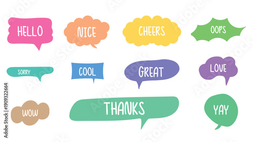 Colorful Hand Drawn Speech Bubbles Set with Friendly Words. Perfect for social media posts, chat concepts, messaging apps, stickers, comics.