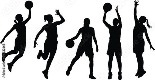 Dynamic basketball player silhouettes in action poses, showcasing athletic movement, energy, teamwork, and sports performance for competitive game illustration design.