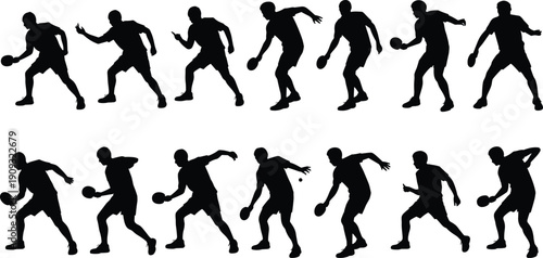 Dynamic black silhouettes of table tennis player in action poses, showcasing paddle swings, movements, and techniques for sports illustration design.
