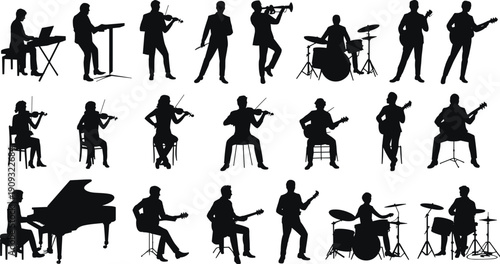 Musicians Silhouettes Set Band and Orchestra Players with Instruments Jazz Rock Classical Music Performance Black Vector Illustration Isolated on White Background