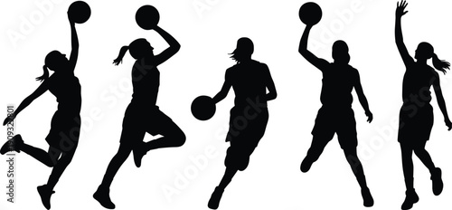 Dynamic silhouettes of basketball players in action poses dribbling, shooting, and jumping with energy, perfect for sports vector illustration content.
