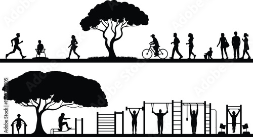 Outdoor park activity silhouette illustration, black flat vector people walking, running, cycling and exercising on fitness equipment for healthy lifestyle and recreation design