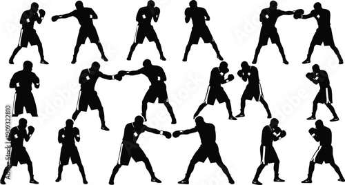 Boxing silhouettes set, boxer fighting poses, punch training action, martial arts sport concept, black vector illustration isolated