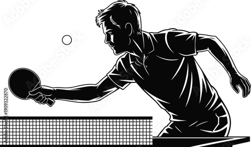 Dynamic table tennis player silhouette hitting ball with paddle at net, showcasing competitive sports action and athletic motion vector design.